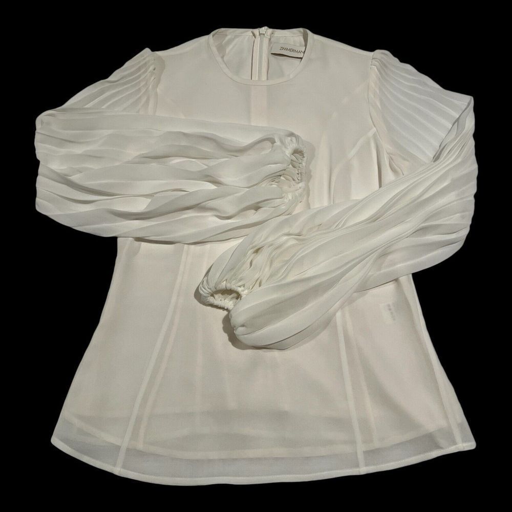 Zimmermann Crew Neck Balloon Long Sleeves Lined Blouse Back Zipper OffWhite Sz 0 - Picture 10 of 16